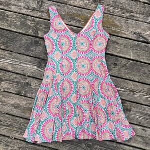 HD‎ In Paris Dress Pink Teal Mandala Print V Neck Sleeveless Flared Size 6